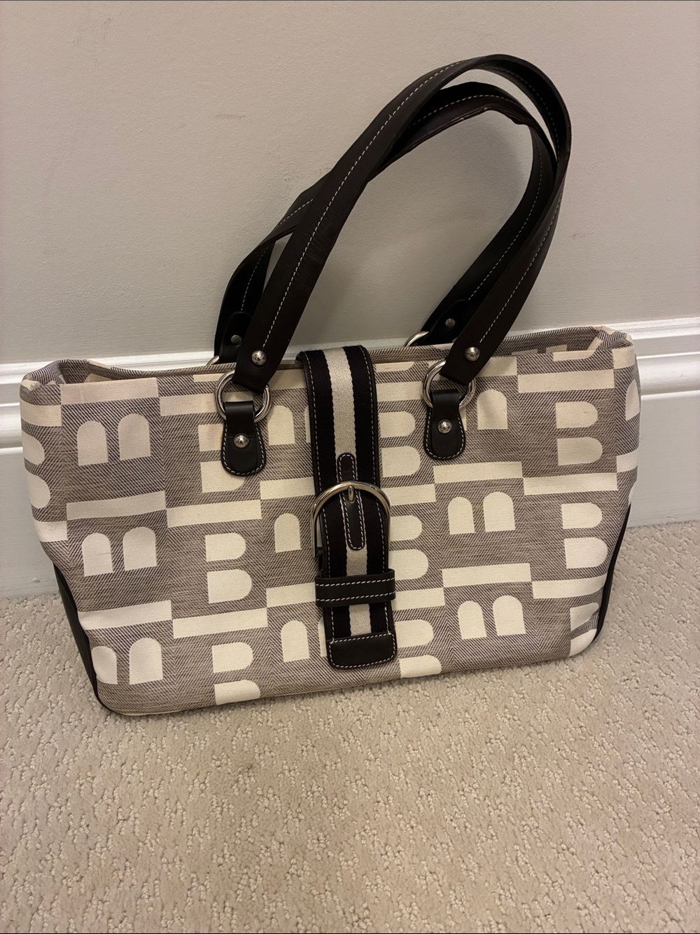 Bally Italy Bacio Brown Cream Monogram Jacquard Leather Belted Tote👝
